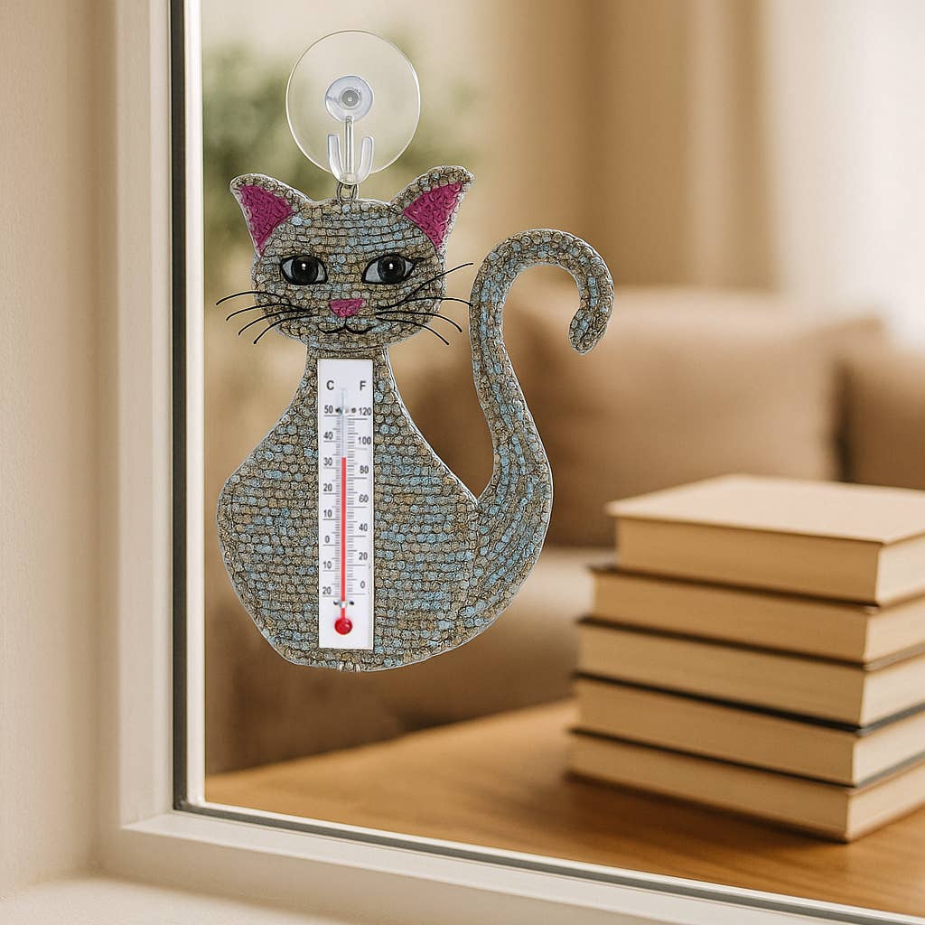Beaded Grey Cat Window Thermometer
