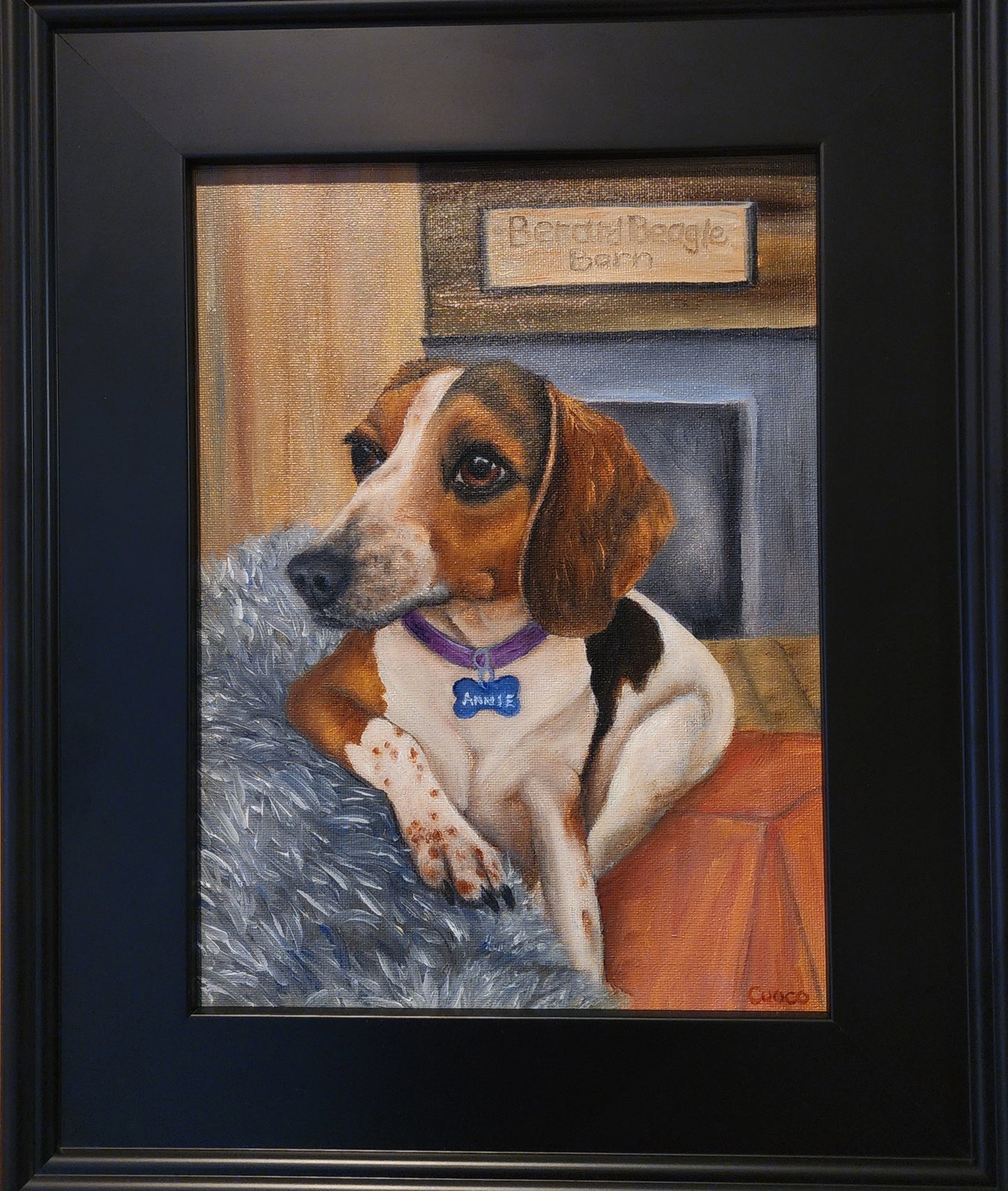 Framed portrait of a beagle named Annie with a purple collar on a cozy rug. Oil Painting commission by Nancy Cuoco