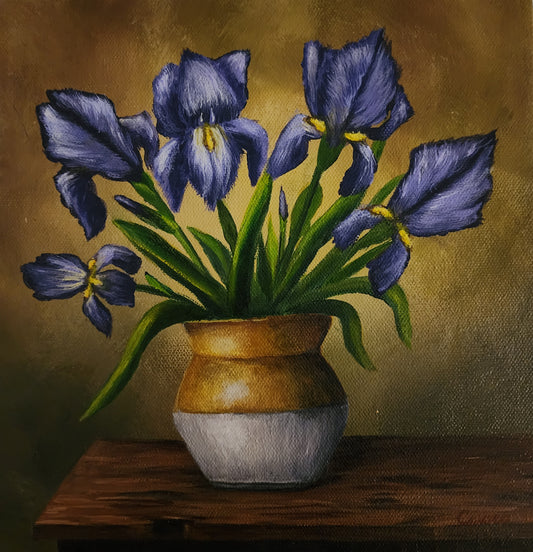 Acrylic Painting of blue Irise flowers in a vase on a wooden surface with a brown background
