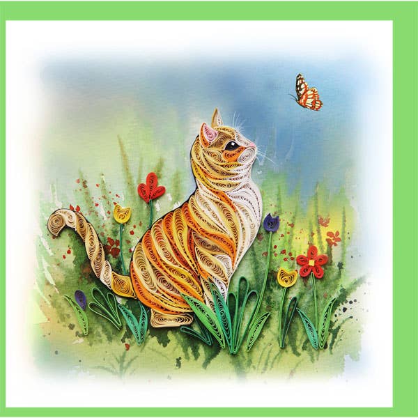 Curious Cat Quilling Greeting Card with Butterfly and flowers good for any occasion, everyday greeting card