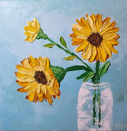 sun flowers, sunflowers, painting, impasto sunflower painting, textured painting