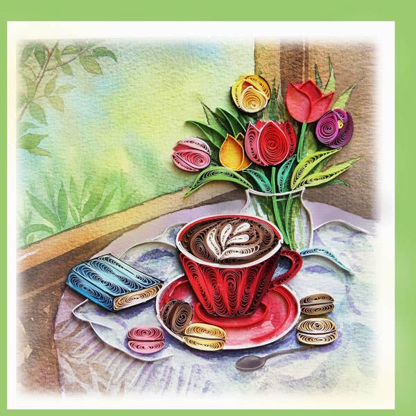 Quilling card with tulips, coffee, macaroons and a nice book. Greeting card, any occasion