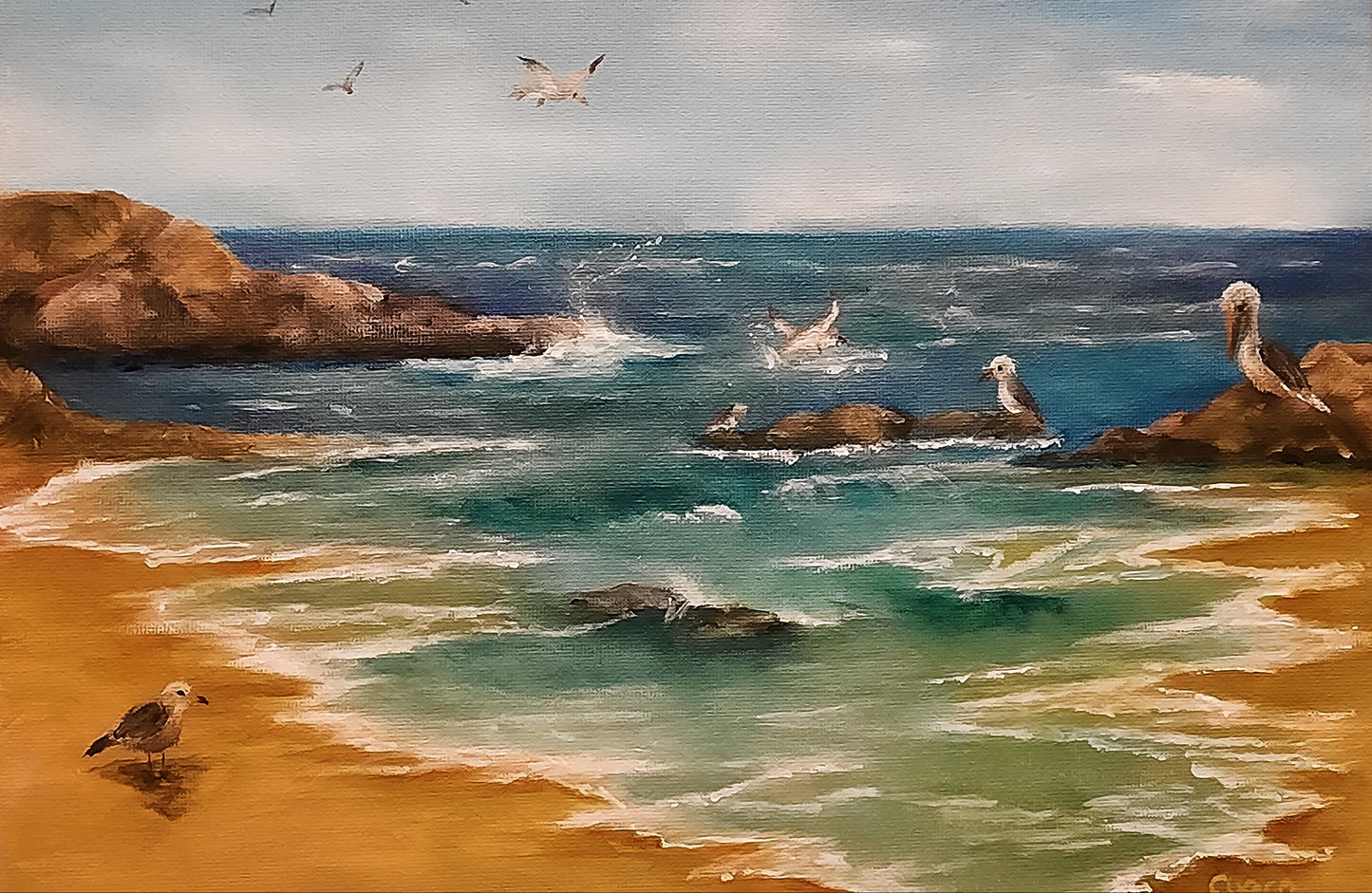 Painting of a coastal scene with seagulls, a pelican rocks and waves crashing on the rocks