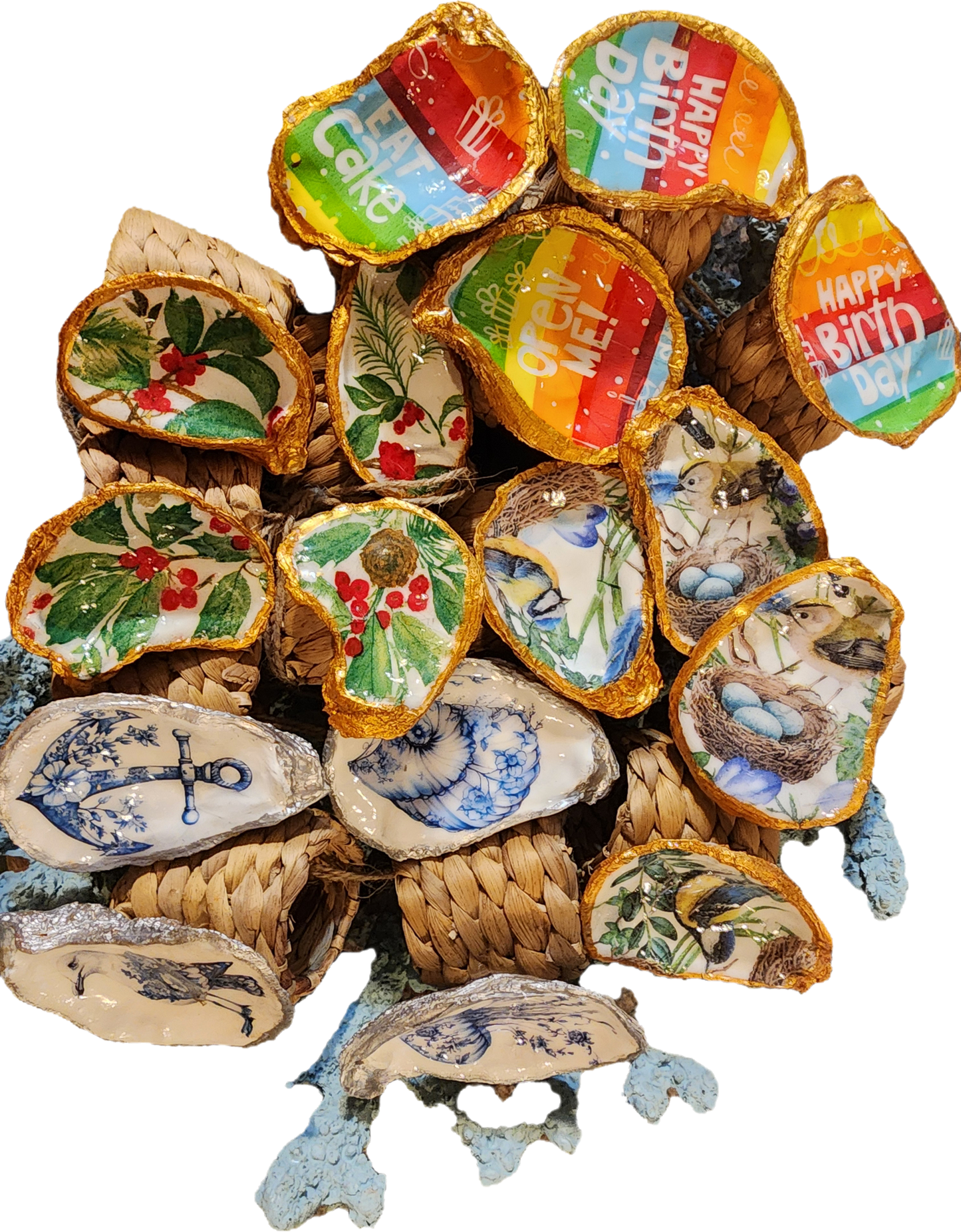 Oyster Shell Napkin Ring sets, birthday set, nautical set, Christmas set, birds with nests and eggs. Available in sets of 4