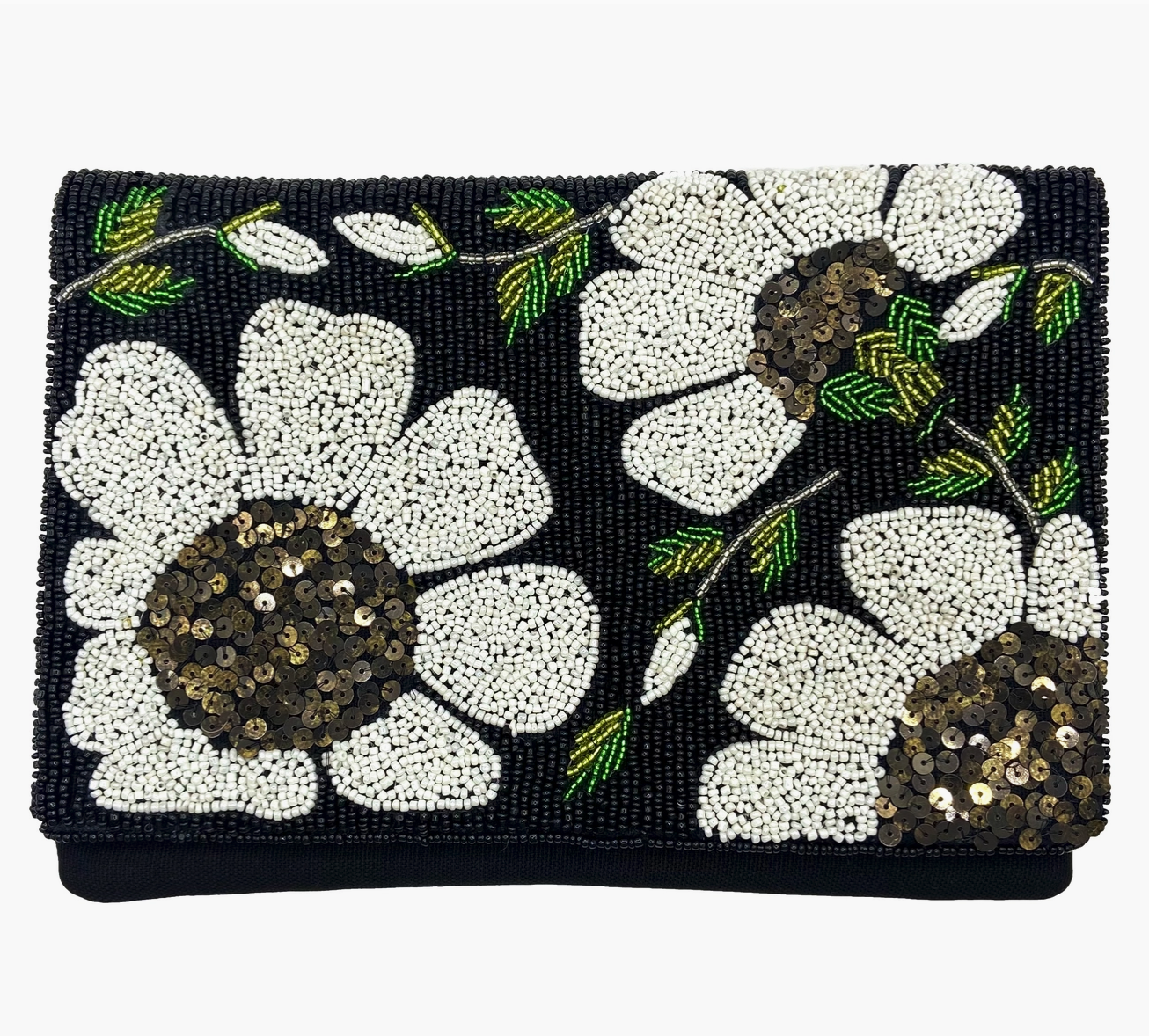beaded daisy handbag, glass beads, beadwork, clutch, handbag, purse, bag, back beads, white beads, green beads, embroidered, handmade, crafted, artisan, hand beaded clutch purse, featuring a floral design with white beads forming large flowers and green beads creating leaves, accented with gold toned sequins for the flower centers, hand sewn, clutch, shoulder bag or crossbody bag with chain, poppy flowers, white flowers, custom beaded handbag, kitsch