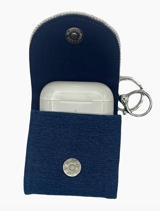 Denim Bow Beaded AirPod Holder Key Ring