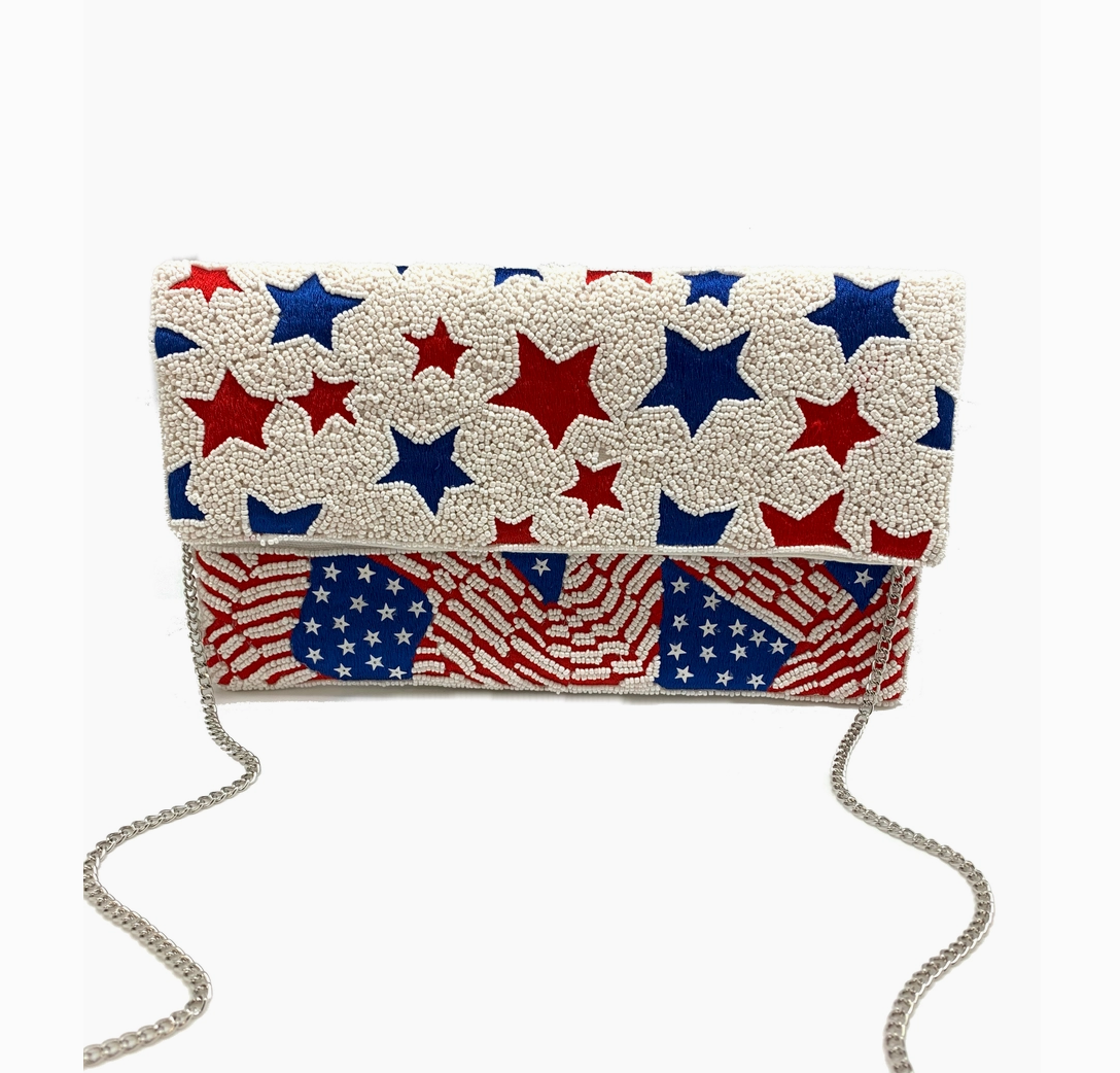 stars, stripes, American Flag, Patriotic, red, white, blue, clutch bag, purse, handbag, beaded, beadwork, embroidered, embellishments, USA, hand crafted, handmade, artisan handbags, 100 cotton, high quality