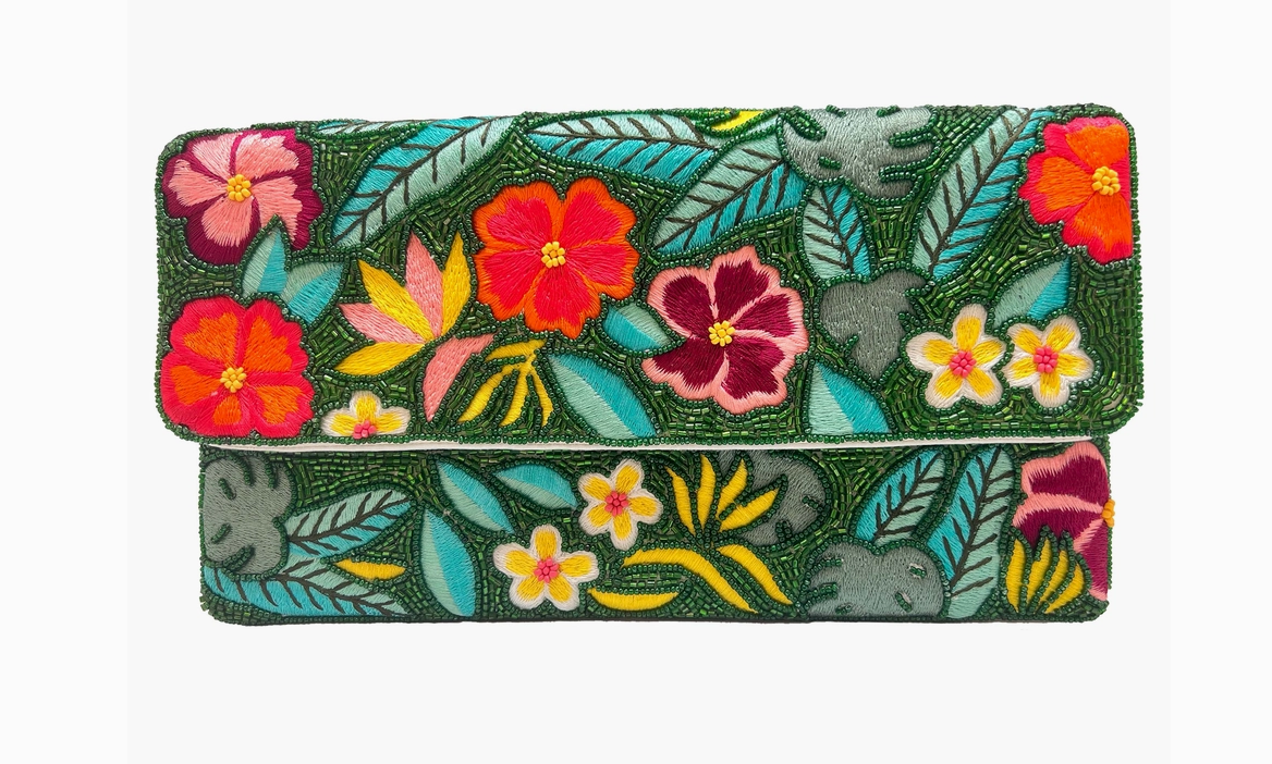 Tropical flowers, handbag, clutch, purse, swag, green, red, magenta, flowers, tropical leaf, hand beaded, hand crafted, handmade, 100% cotton, snap closure bag, intricate beadwork, floral patterns,