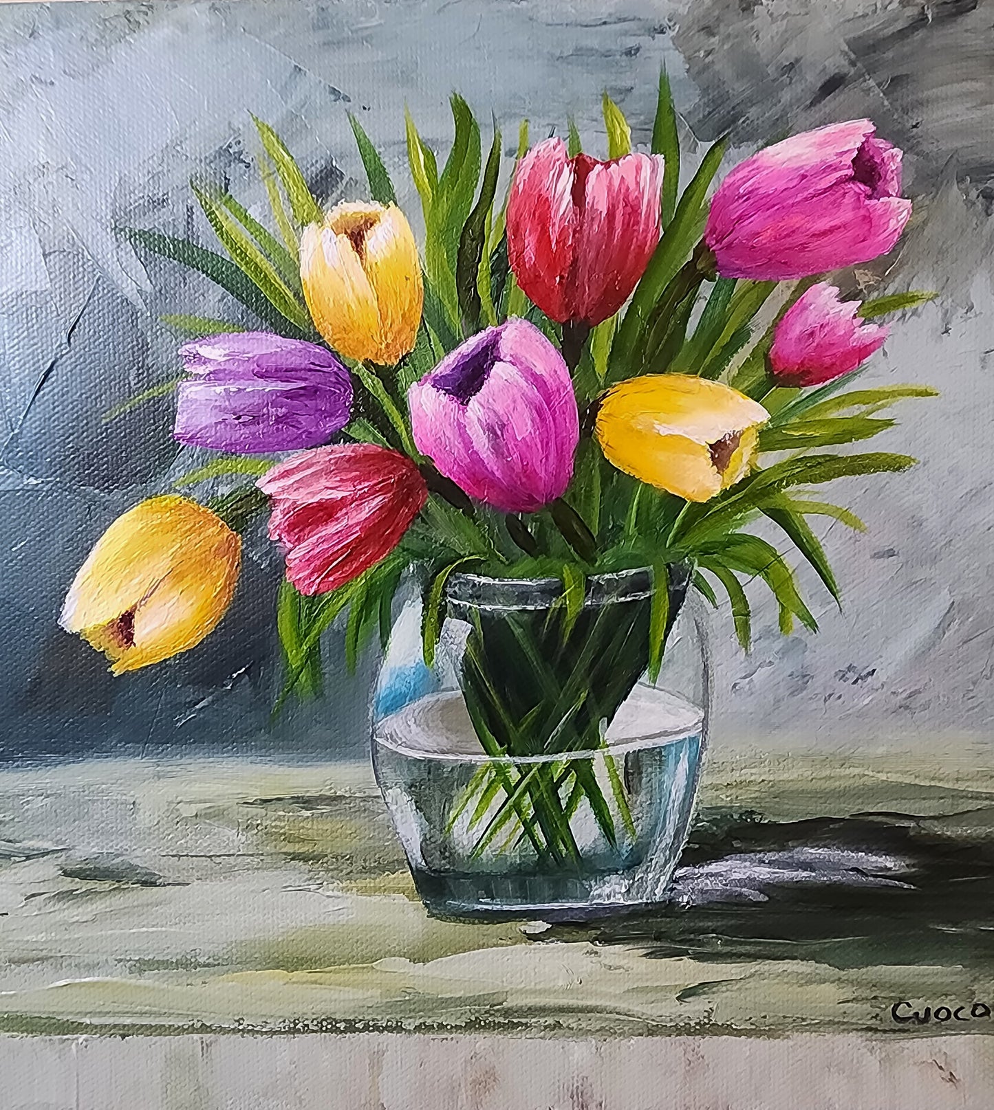 Painting of tulips in a glass vase on a textured Impasto surface