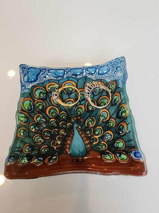 Fused Glass Peacock Plate