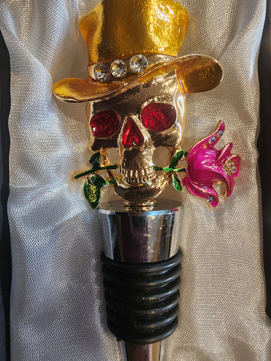 Gold Skull with Rose Wine Bottle Stopper