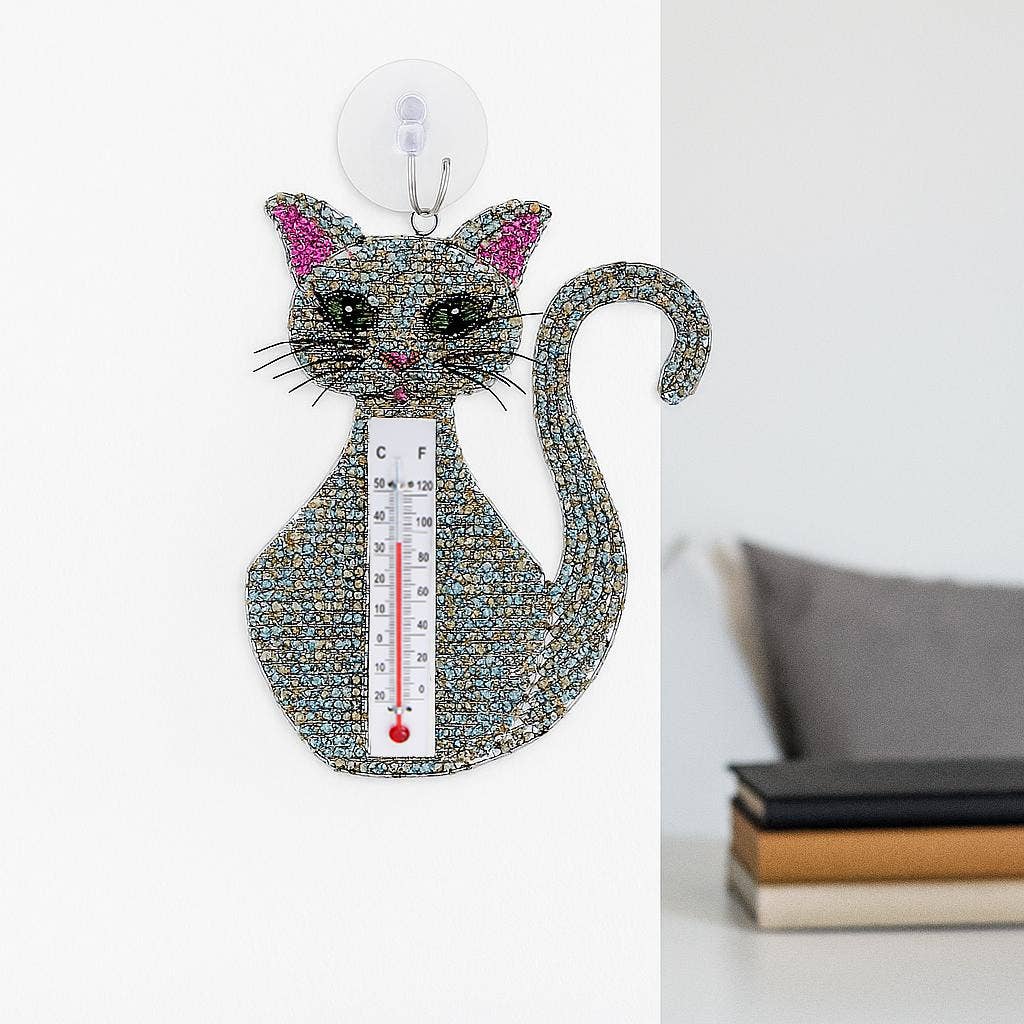 Beaded Grey Cat Window Thermometer