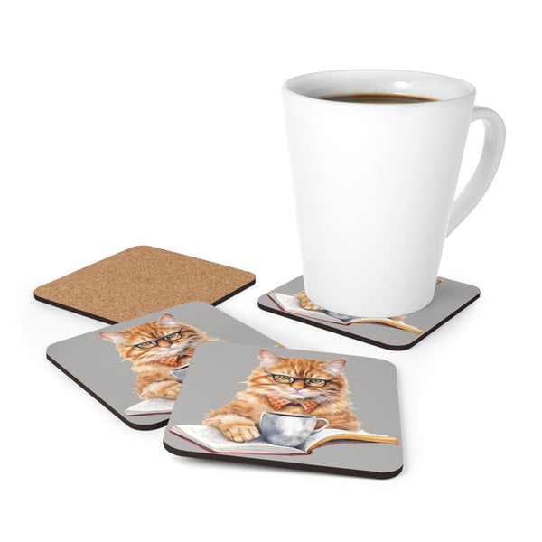 Distinguished Orange Cat Bookworm Corkwood Coaster Set