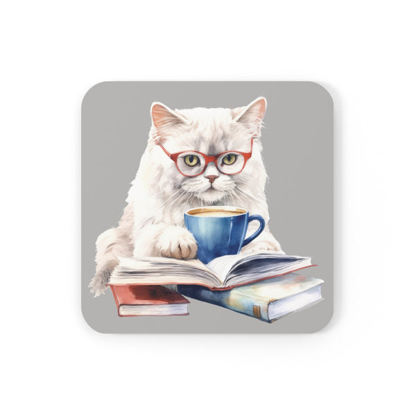 White Cat Bookworm Corkwood Coaster Set