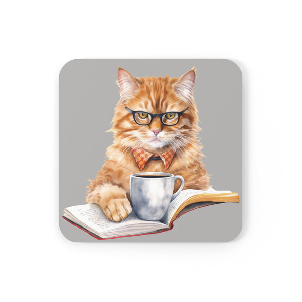 Distinguished Orange Cat Bookworm Corkwood Coaster Set