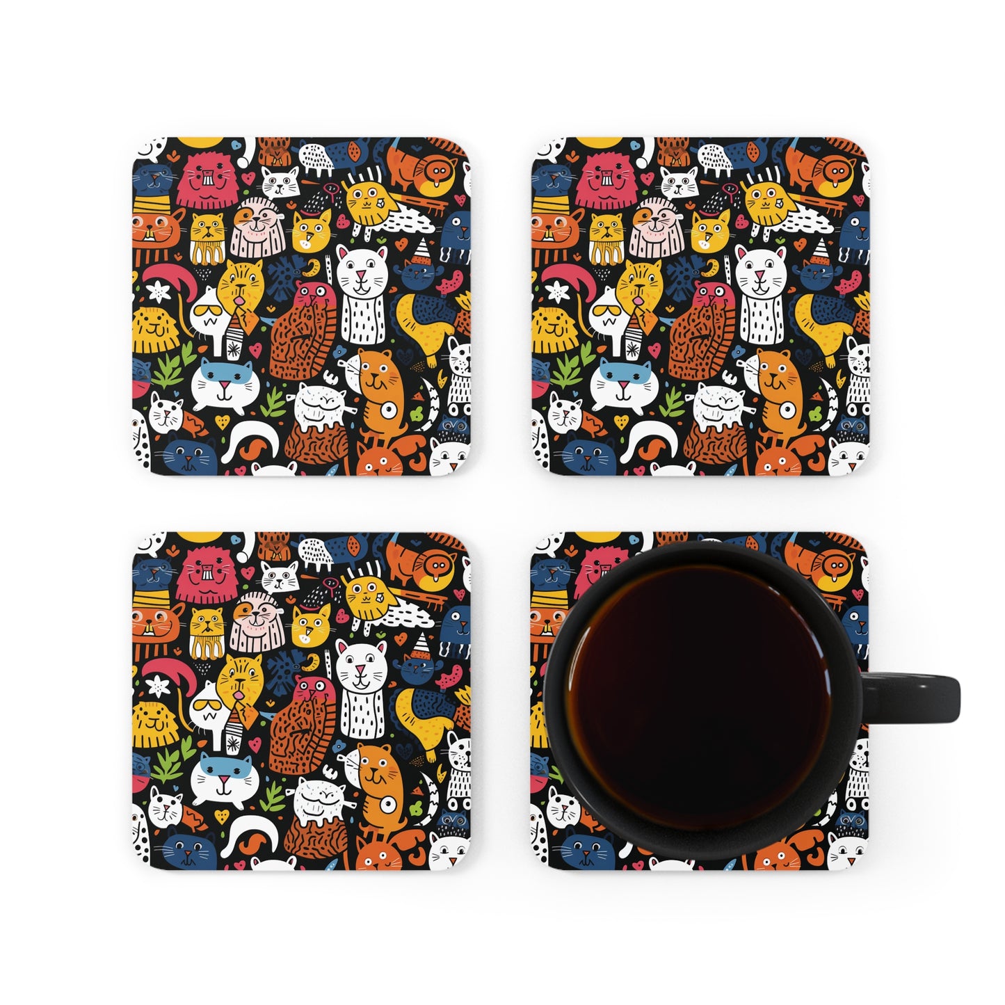 Cartoon Kitties Corkwood Coaster Set