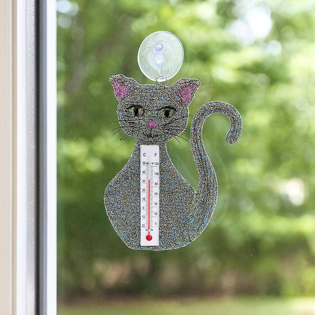 Beaded Grey Cat Window Thermometer