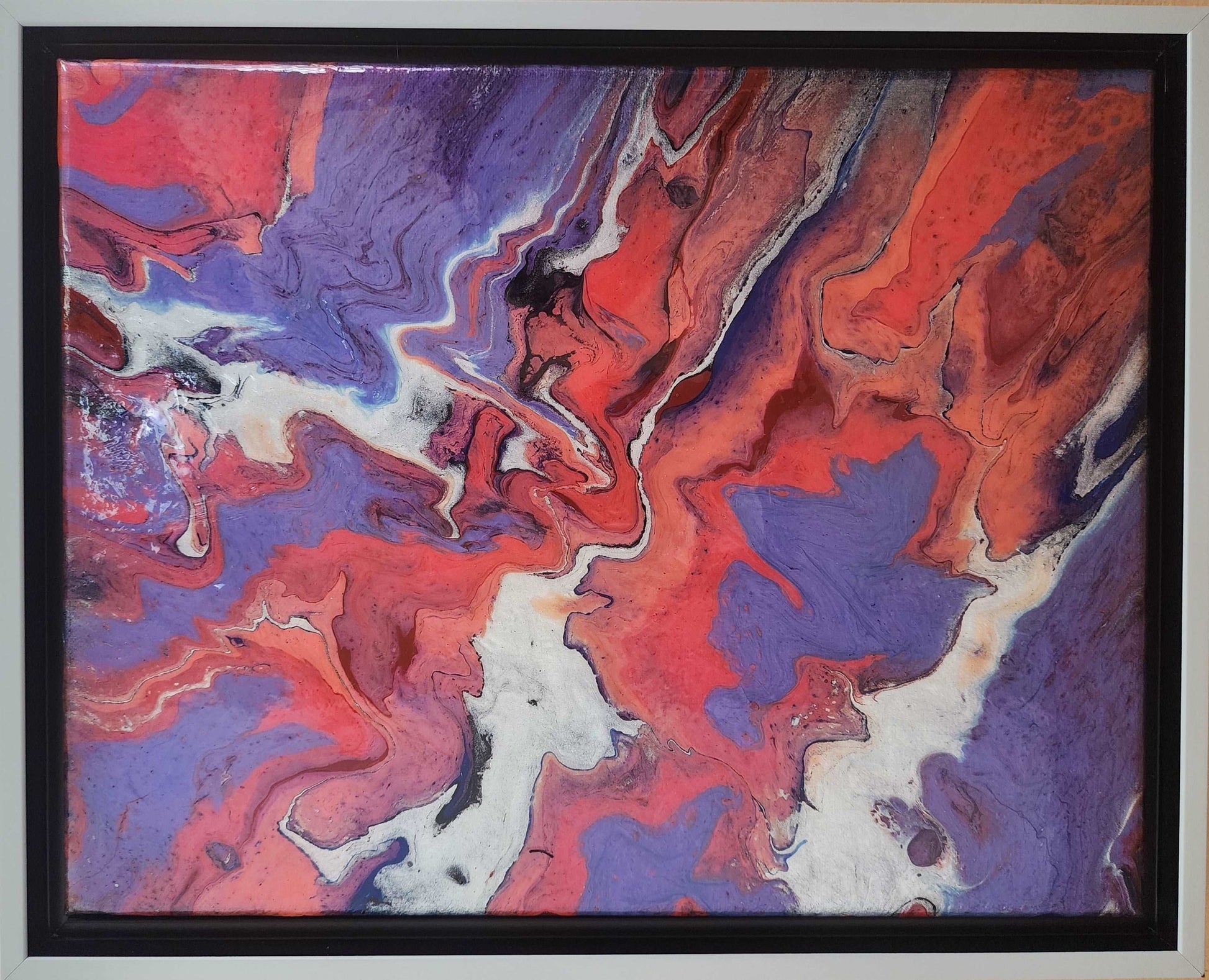 Fluid art on canvas, purples, reds oranges and silver.  Make your wall stand out!