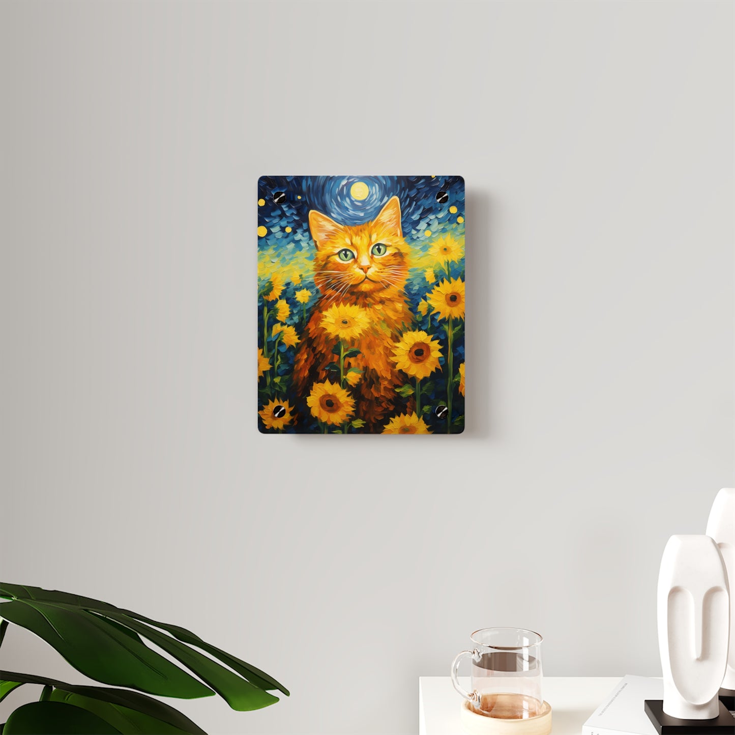 Orange Cat with Sun Flowers Acrylic Art Panel