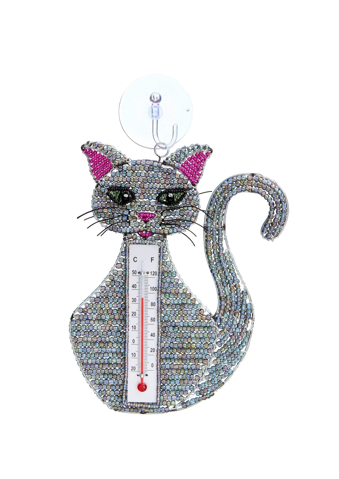 Beaded Grey Cat Window Thermometer