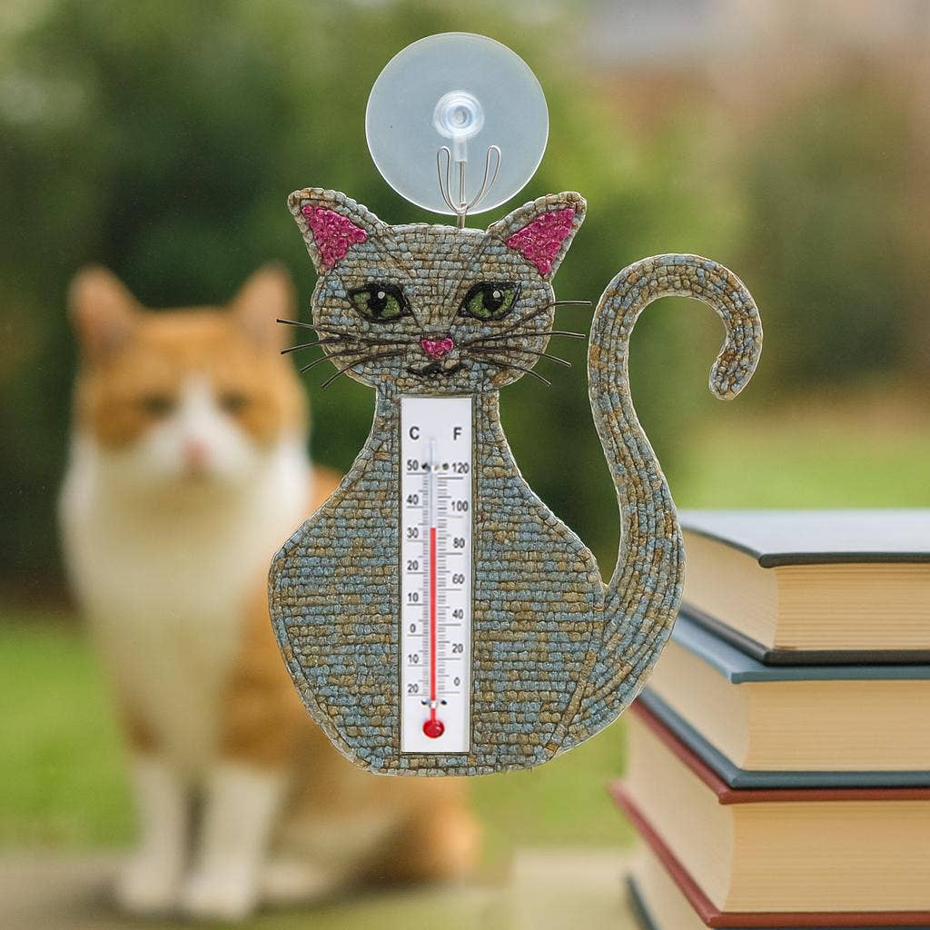 Beaded Grey Cat Window Thermometer