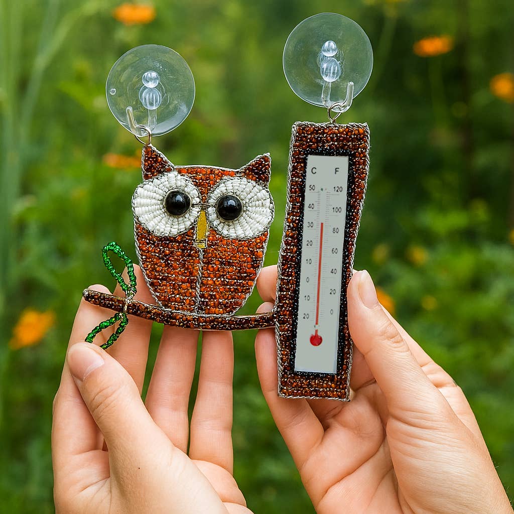 Beaded Owl Window Thermometer