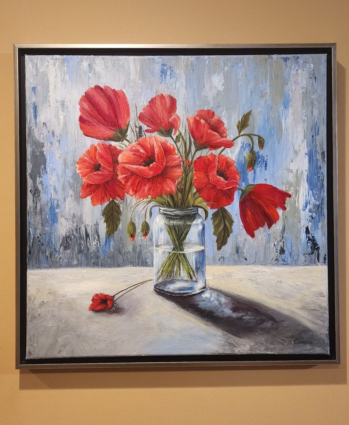 Large 24x24 acrylic painting of a poppy bouquet
