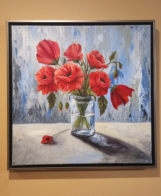 Large 24x24 acrylic painting of a poppy bouquet