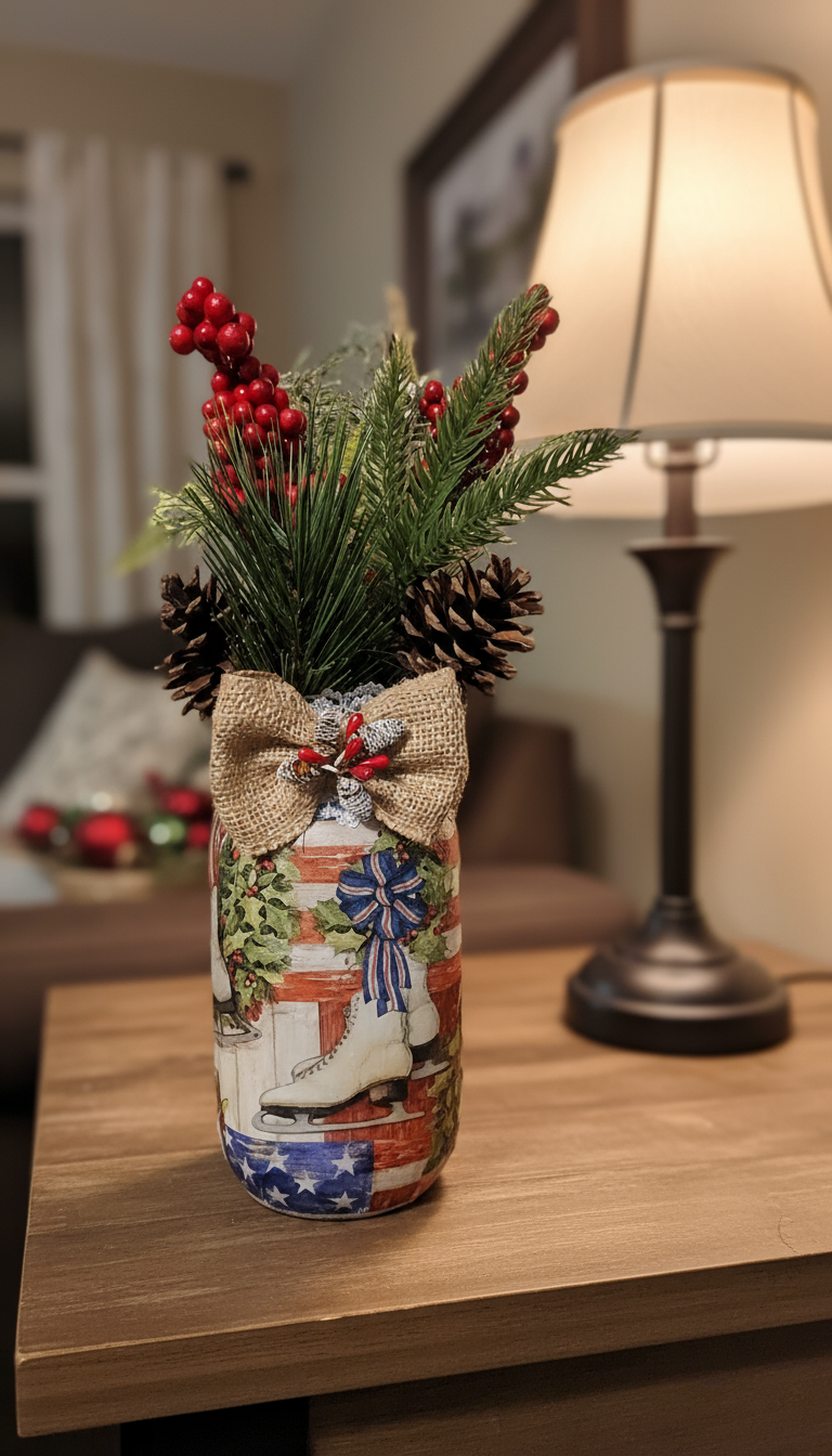 American Christmas Skate Mason Jar with greenery