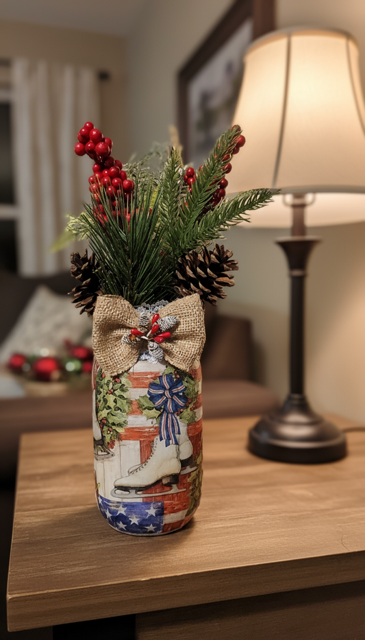 American Christmas Skate Mason Jar with greenery