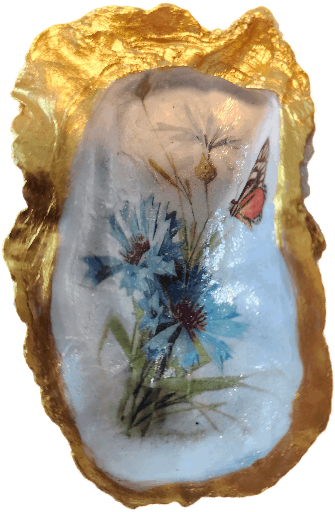 Blue flowers and butterfly Oyster Shell Trinket