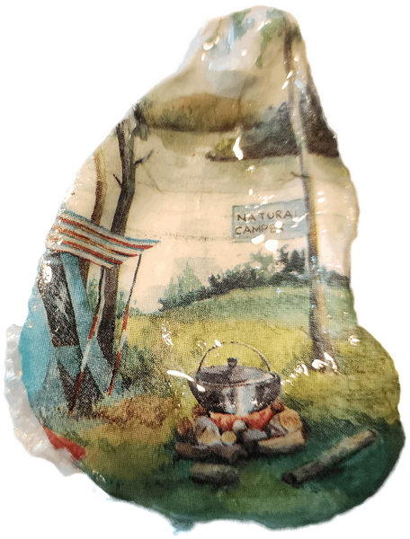 Decoupaged oyster shell of campsite image