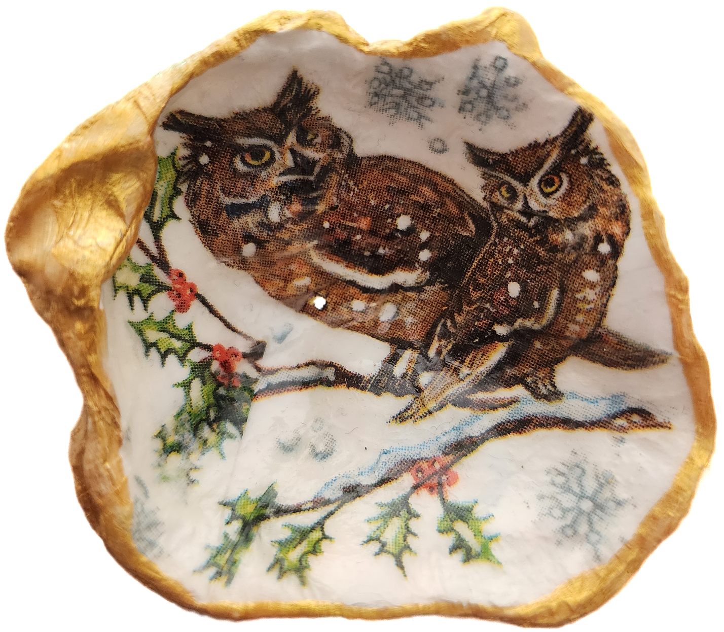 Winter Barn Owls Oyster Shell Trinket Dish