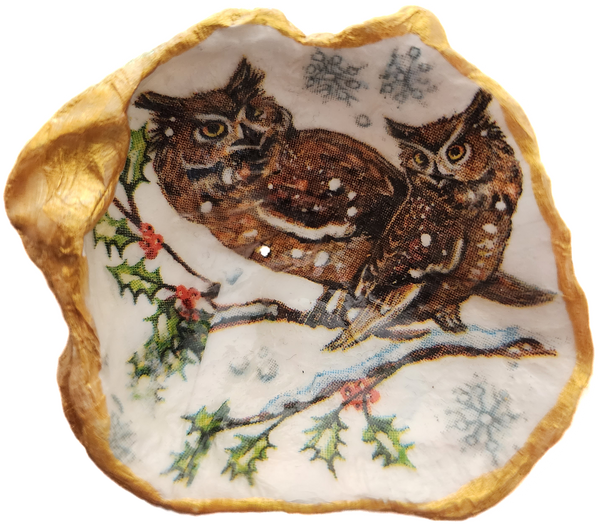 Winter Barn Owls Oyster Shell Trinket Dish