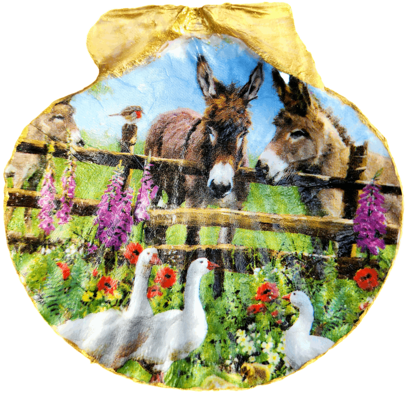 Donkeys & Ducks Decoupage Scalloped Shell
