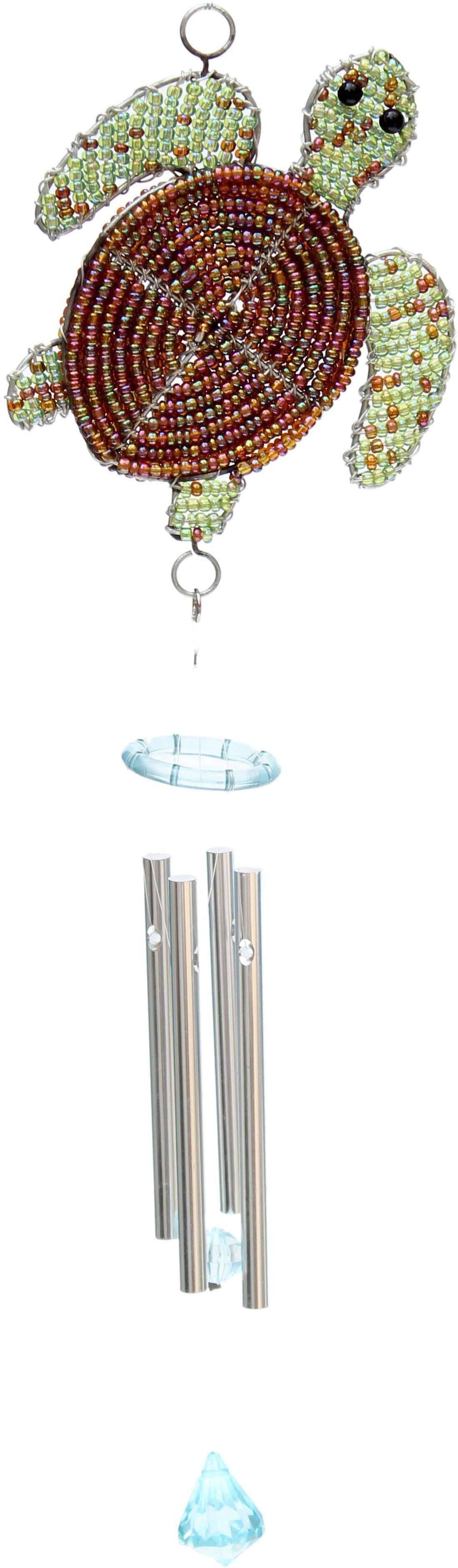 Decorative hand beaded sea turtle wind chime with beads on a white background