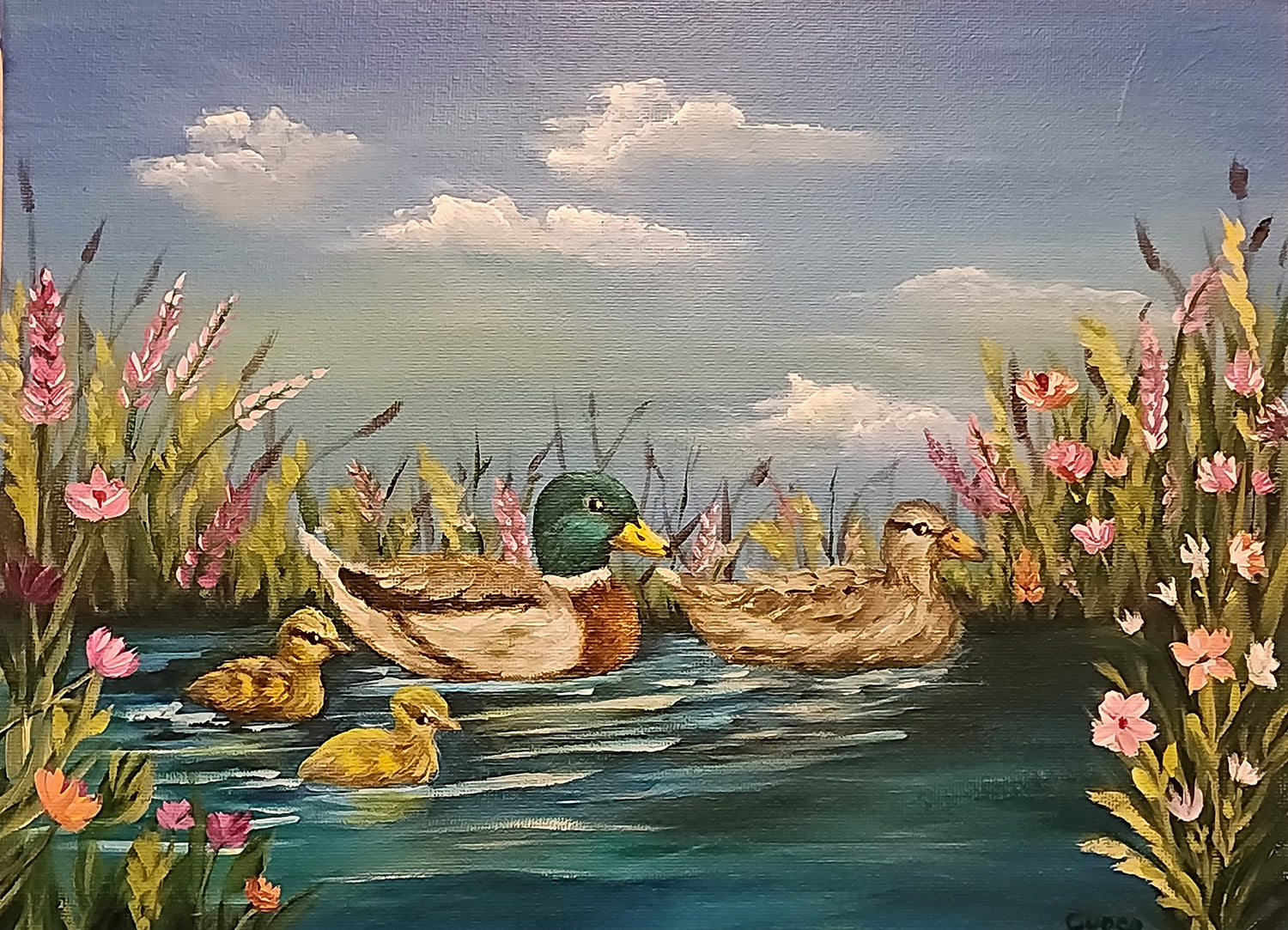 This is an acrylic painting of a cute Mallard Duck Family coasting along the water surrounded by beautiful wild flowers