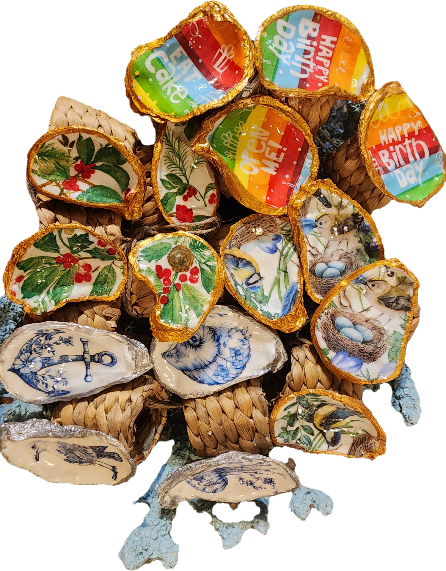 Oyster Shell Napkin Ring sets, birthday set, nautical set, Christmas set, birds with nests and eggs.  Available in sets of 4