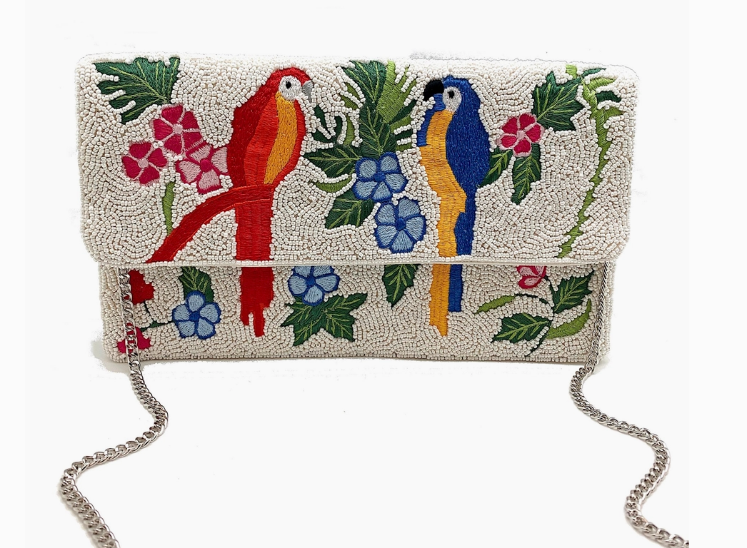 Parrots, embroidery, embroidered, beaded, beadwork, hand beaded, clutch, purse, bag, handbag, floral motifs, exotic birds, tropics, vacation handbags, vacation, summer attire, summer purses, statement handbag, cruise ship attire, cruise ship handbags, vacation wear