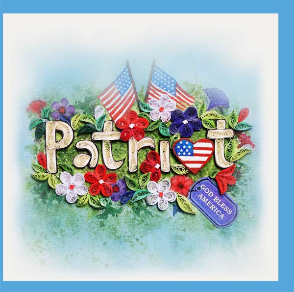 Patriotic-themed decorative item with 'Patriot' text, American flags, and flowers on a light blue background.