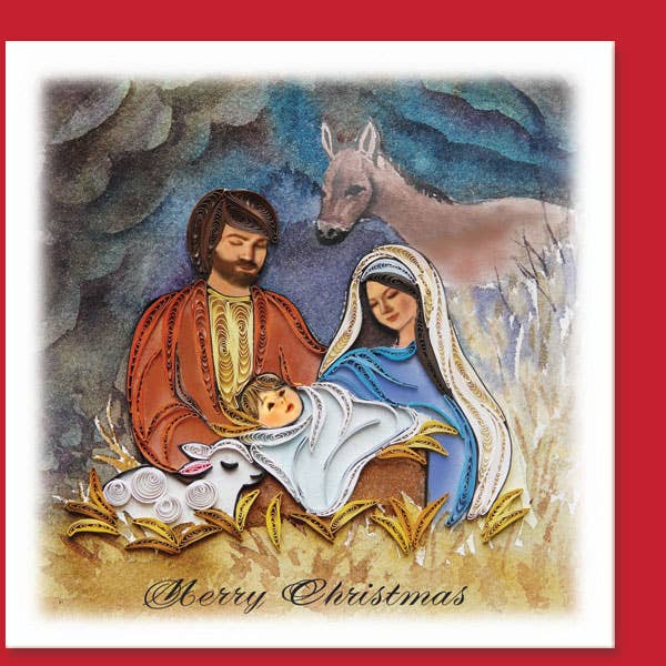 Nativity scene with Mary, Joseph, and baby Jesus quilled on a Christmas card with a red envelope. 