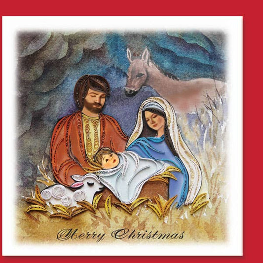 Nativity scene with Mary, Joseph, and baby Jesus quilled on a Christmas card with a red envelope. 