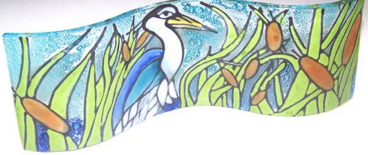 Fused Wavy Glass Blue Heron Scene