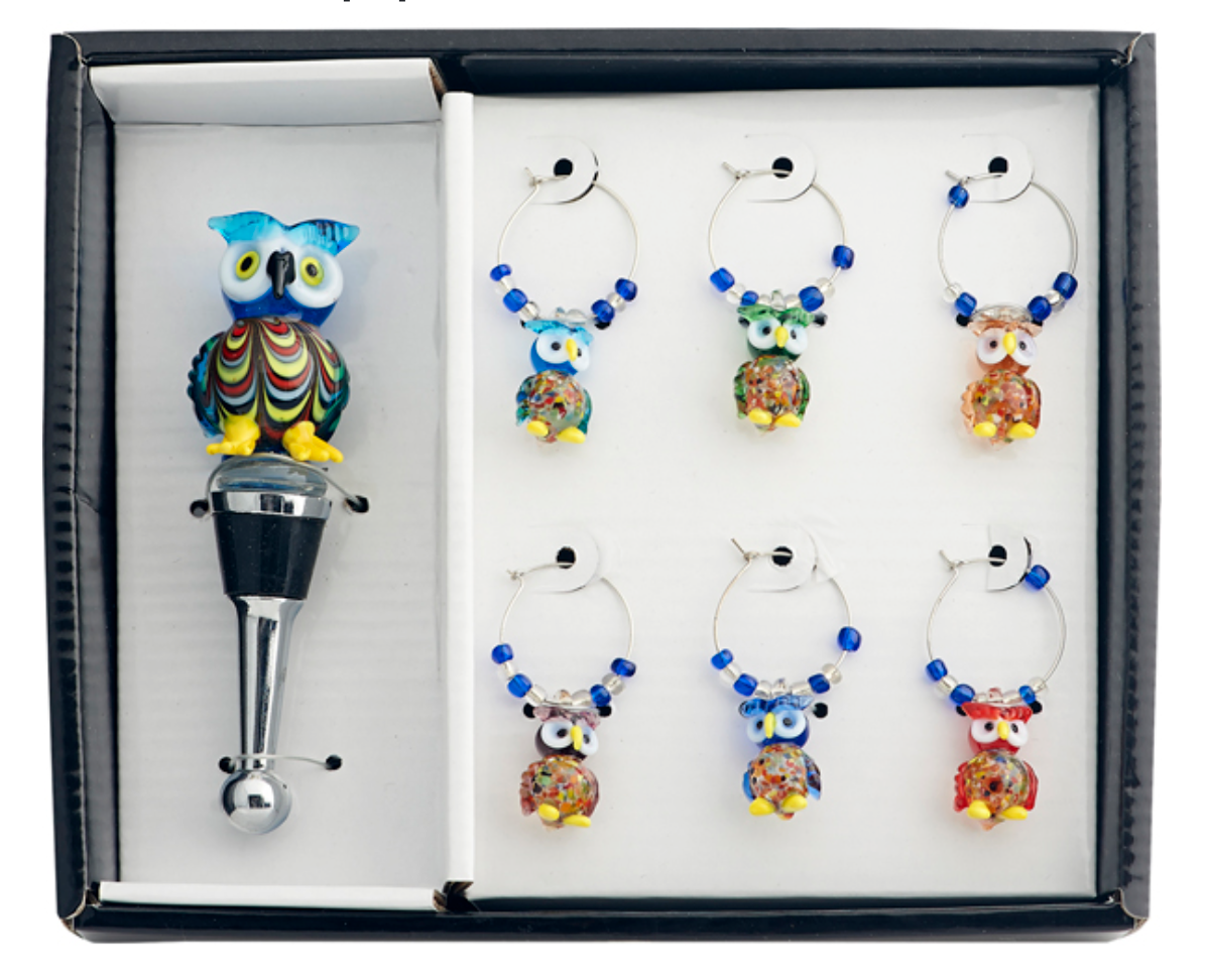 Glass Owl & Wine Glass Charms Gift Set