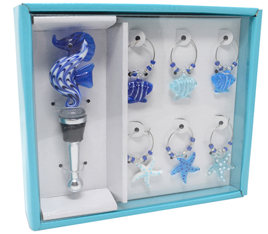 Coastal Glass Seahorse Wine Stopper & Charms Gift Set
