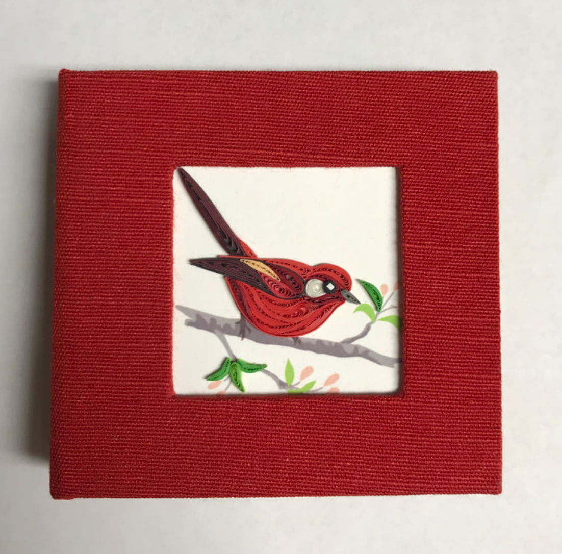 Hand Quilled Red Warbler Sticky Note Cover - SOLD