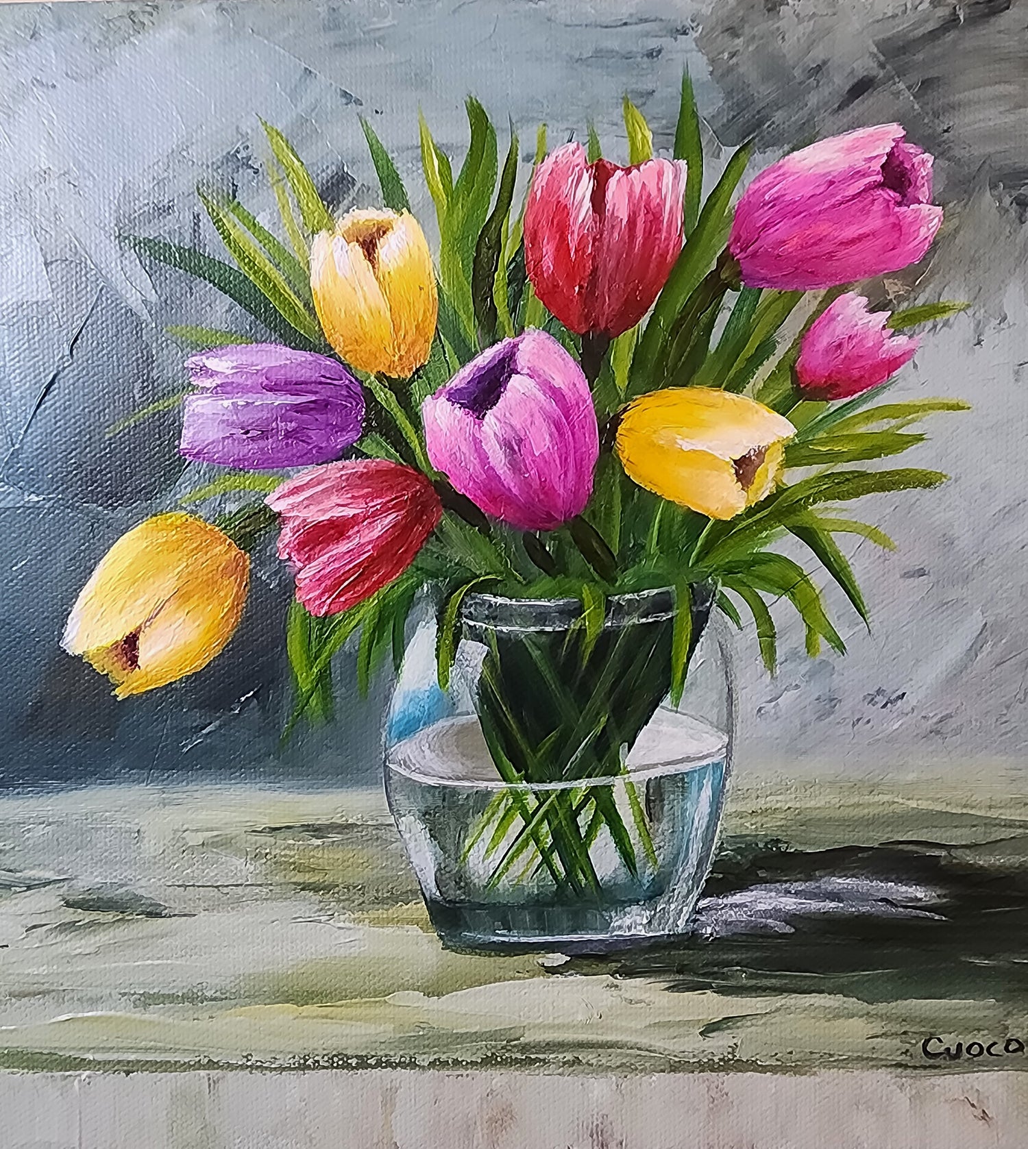 Painting of tulips in a glass vase on a textured Impasto surface