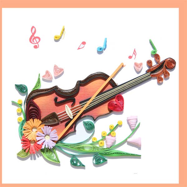 Quilled violin greeting card with flowers and musical notes on a white background with an orange envelope.
