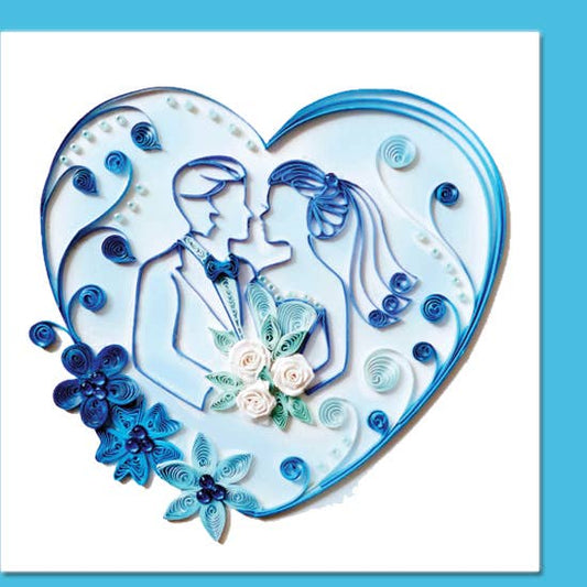 Decorative quilled card with a heart shape, bride & groom silhouette, and quilled floral elements on a white background.