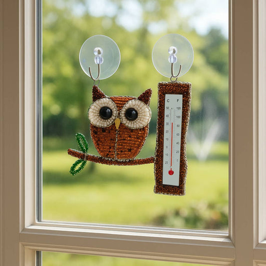 Beaded Owl Window Thermometer